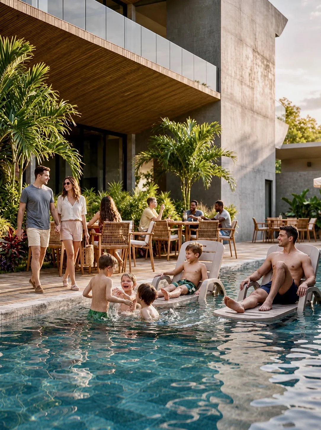 Perspectiva ilustrativa da piscina e área de lazer com famílias